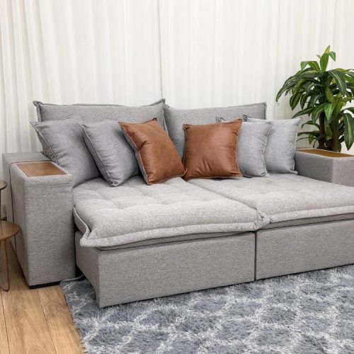 Sofá Cama Retrátil Reclinável Tebas 2.50m - Cinza Linho/Marrom Courino