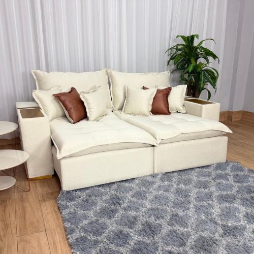 Sofá Cama Retrátil Reclinável Gabriela 2,90m – Bege Linho/ Marrom Courino